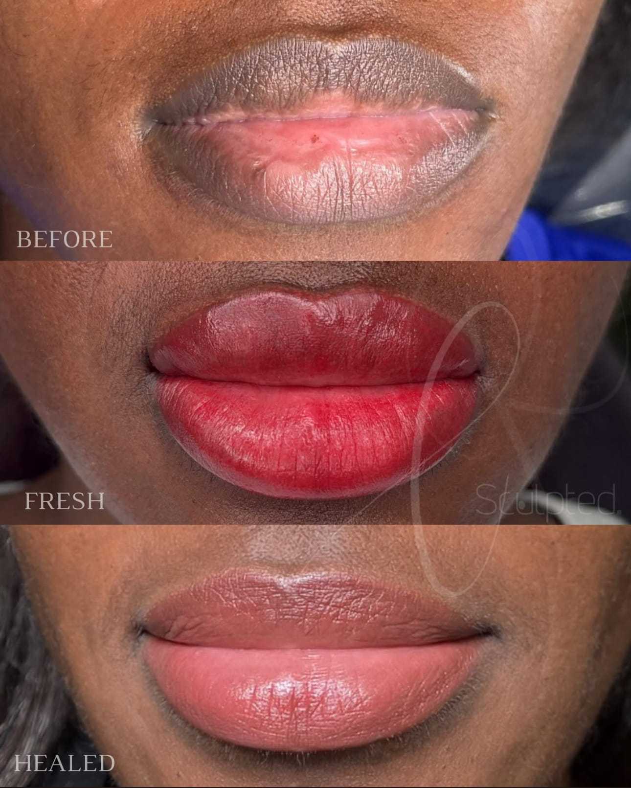 Before, fresh, and healed stages of lip tattoo transformation on dark skin.