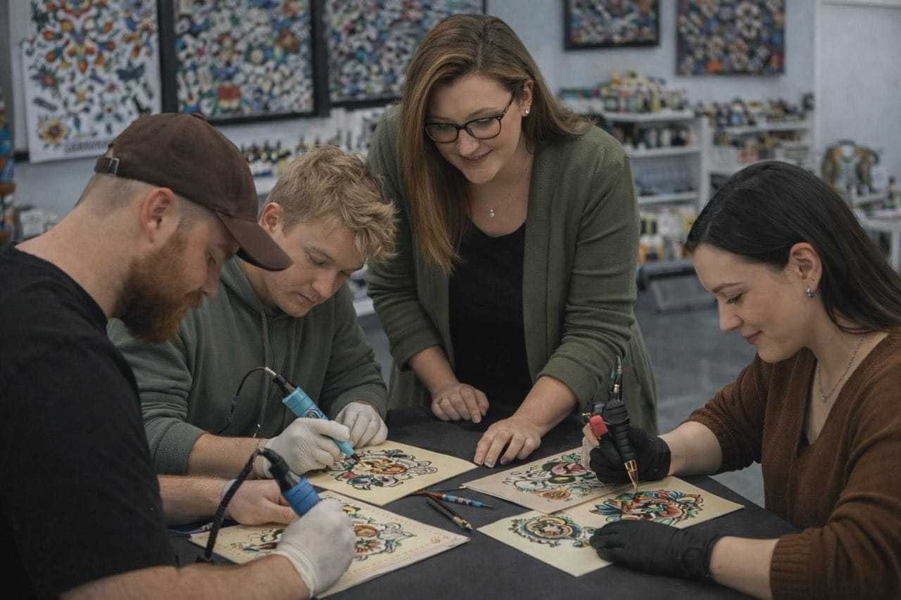 Artists collaborating on detailed tattoo designs in a studio setting.