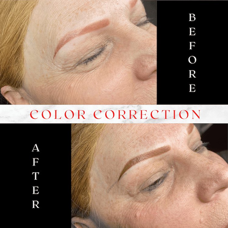 Before and after images of eyebrow color correction on a woman.